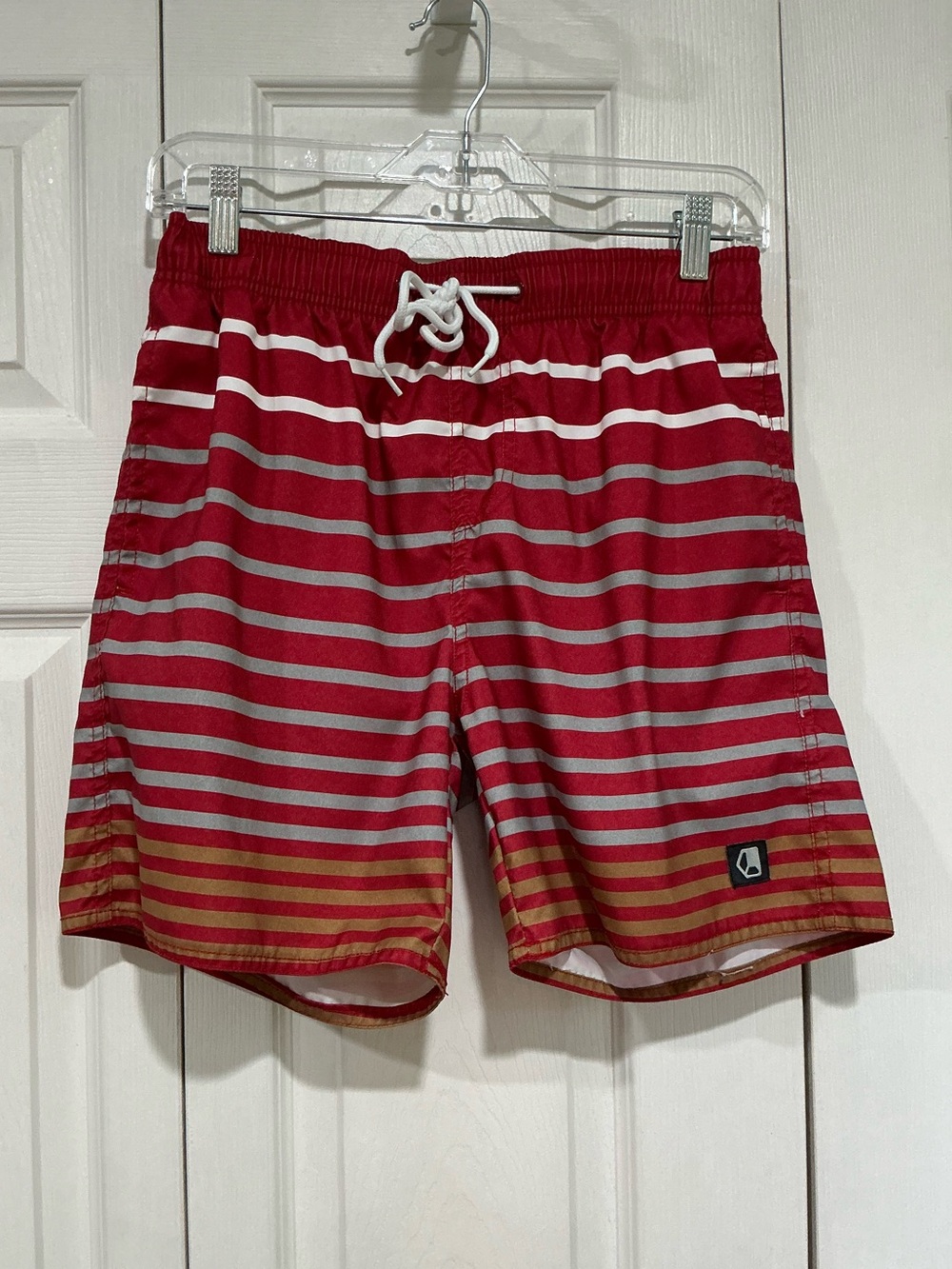 💙 Liquid Men’s Swim Trunks Bathing Suit Red Gray White Stripes - Small (01316)